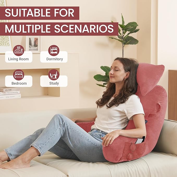 Portable Reading Pillows with Headrest for Bed Sitting Up(Dark Pink Oeko-Tex), Velvet Back Pillow with Arms & Pockets for Adults, Support Memory Foam Bed Pillow for Dorm/Watching/Gaming