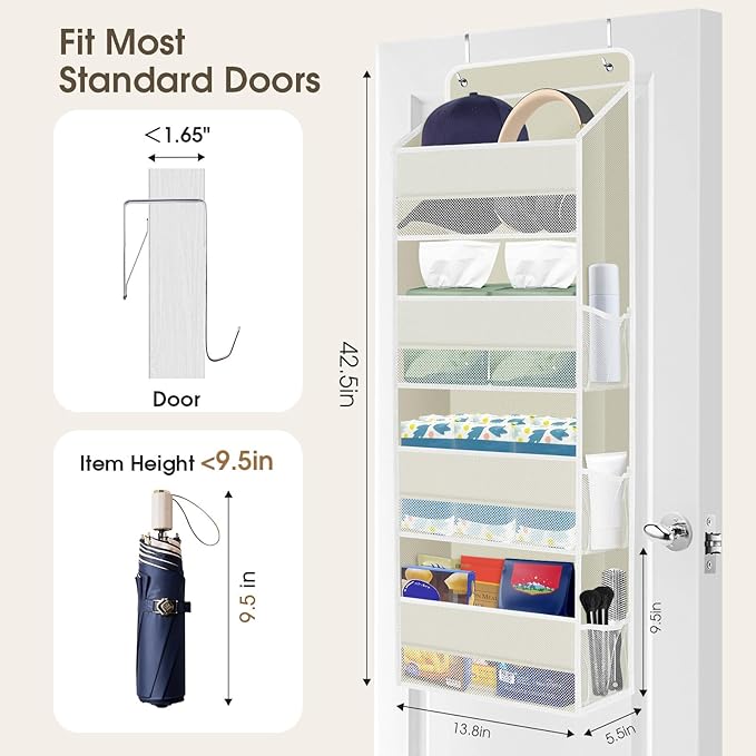 2 Pack Over The Door Organizer, Hanging Storage Organizer with Clear Window, 40lb Ultra Sturdy Large Capacity Room Organizer for Pantry Laundry Bathroom Nursery Closet (Beige)