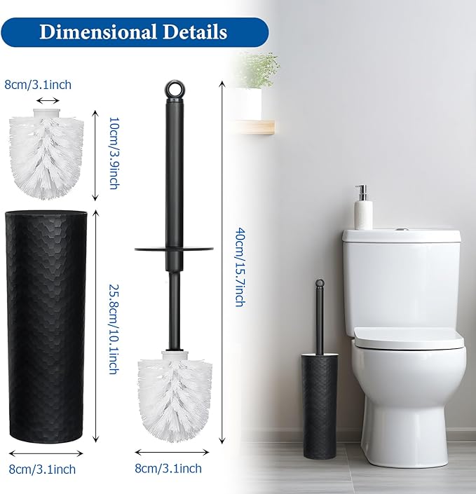 Topsky Toilet Brush,2 Pack Compact Toilet Brush & Holder Set,Plastic Round Barrel Loo Brush with 2 Replacement Toilet Brush Head,Durable for Bathroom Toilet,Black