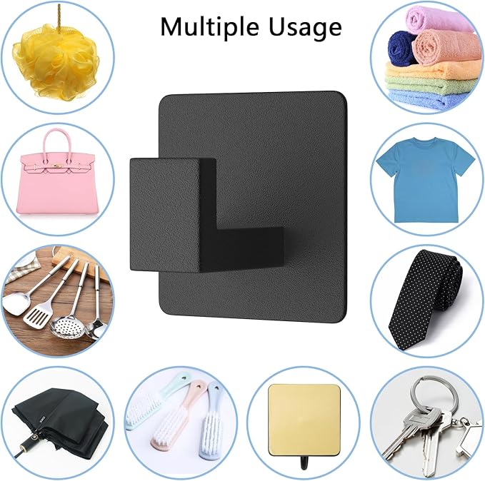 VAEHOLD 4 Pack Adhesive Towel Hooks, Heavy Duty Wall Hooks Aluminum Hooks Stick on Door, Kitchen, Bathroom for Hanging Coat, Hat, Towel, Robe, Clothes (Black)