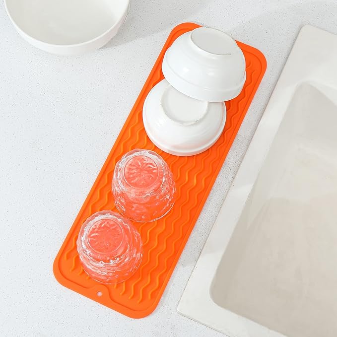 MicoYang Silicone Dish Drying Mat for Multiple Usage,Easy clean,Eco-friendly,Heat-resistant Silicone Mat for Kitchen Counter,Sink,Bar,Bottle,or Cup Orange M 17 inches x 6 inches
