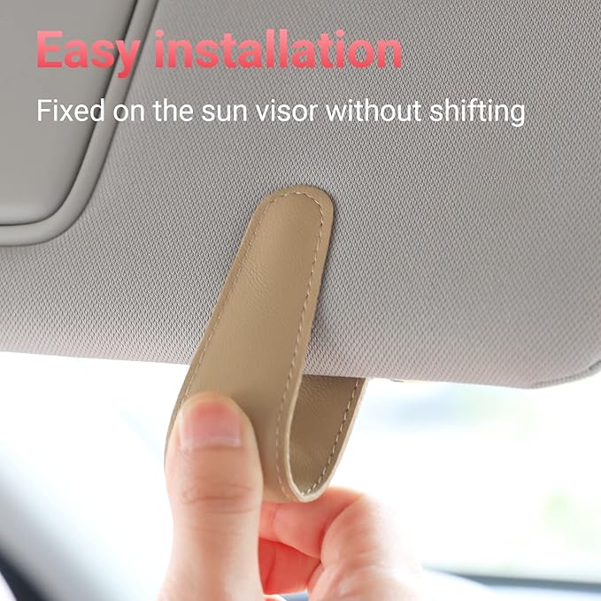KanSmart Sunglass Holder for Car Visor Sunglasses Clip Magnetic Leather Glasses Eyeglass Holder Truck Car Interior Accessories Universal for Woman Man -Beige