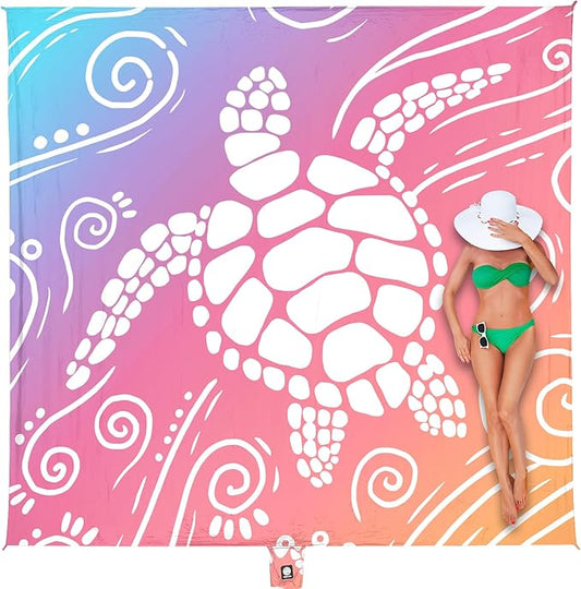 WEKAPO Beach Blanket Waterproof Sandproof Oversized Extra Large Sand Free Beach Mat with Stakes, Storage Bag - Essentials for Outdoor Beach, Picnic (Pinkish Purple Sea Turtle, 11 X 9 FT (1~10 Person))