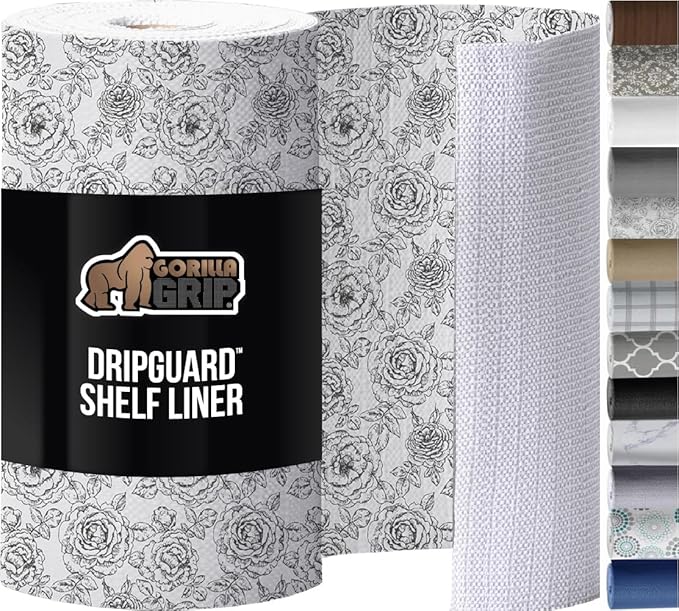 GORILLA GRIP DripGuard Shelf Liner, Non-Adhesive Drawer and Kitchen Cabinet Protector, Strong Grip Slip Resistant Underside, Smooth Surface Liners for Cabinets, Bathroom Closets, 12x120 In Floral Gray