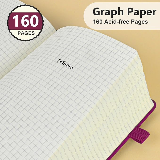 Graph Paper Notebook, 160 Pages Grid Journal for women & men, A5 Hardcover Leather Graphing Notebook for School, Work, Travel, Note Taking 5.9”x8.5” (Burgundy)