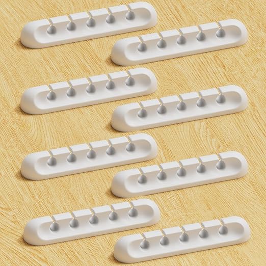 USB Cable Organizer Clips Cord Holder, 8 Packs (5-Slots) White Self Adhesive Desk Cord Cable Management