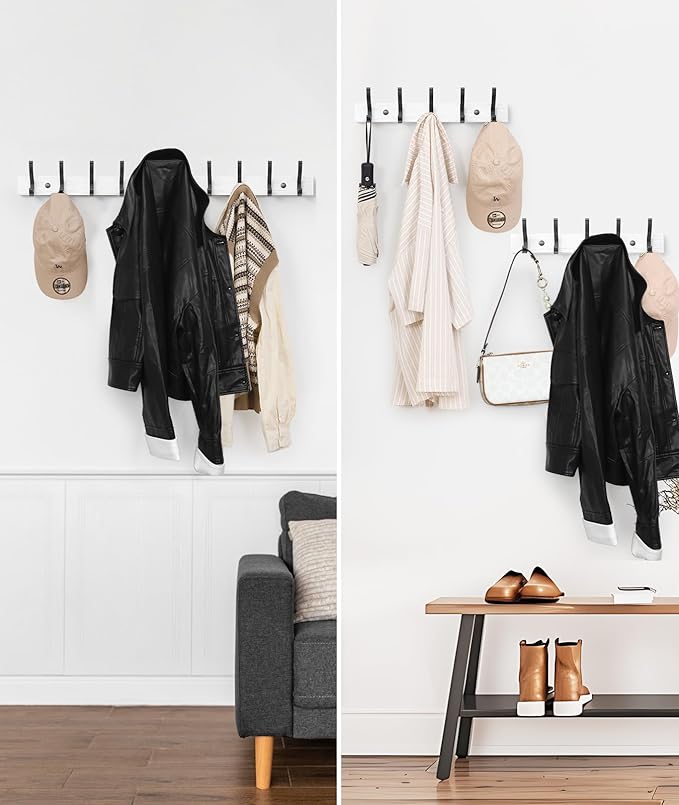 Coat Rack Wall Mount, 16.5 Inches Wood Coat Hooks Wall Mount, Wall Coat Rack with 5 Hooks, Hat Rack Wall Hooks for Hanging Coat, Bag, Towel (2Pack, White)