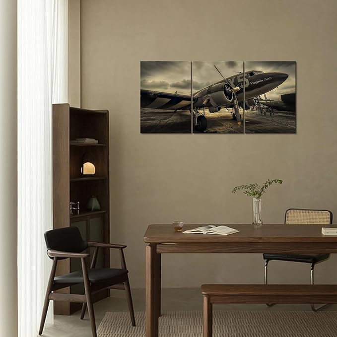 KAWAHONE -3 Pieces Vintage Airplane Wall Art Old Airplane Canvas Wall Art for Office Bedroom Living Room Home Ready to Hang (Aircraft)
