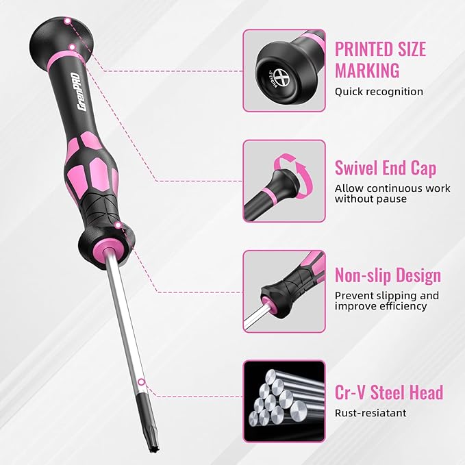 10-Piece Precision Screwdriver Set, Magnetic Small Screwdrivers with Phillips, Slotted, Torx Star for Eyeglass, Watch, Computer, Laptop, Phone, Pink