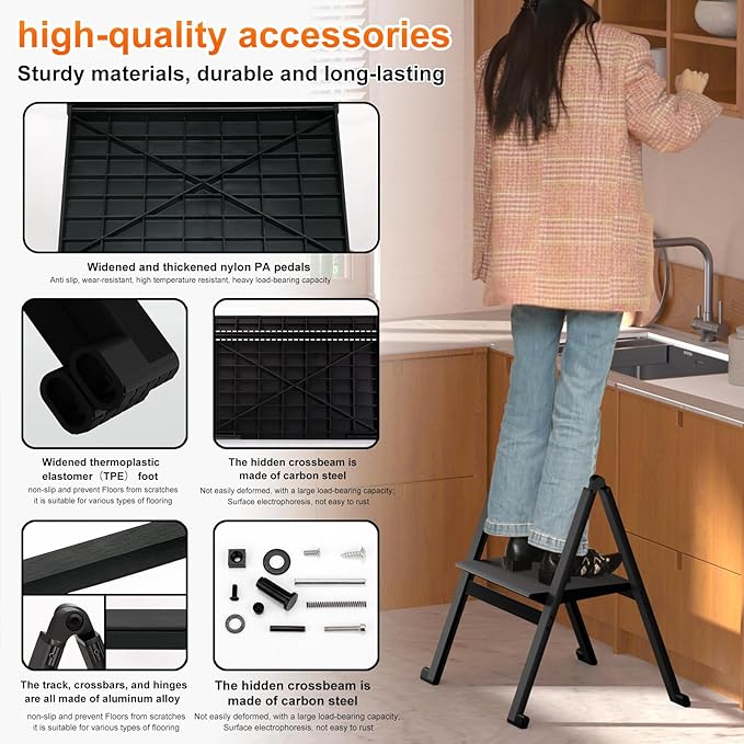 Folding Step Stool,Aluminum Ultra Thin Stool,400 Lbs Capacity Heavy Duty with Anti-Slip Sturdy and Wide Pedal,Closet Step Ladder for Home,Kitchen,Office and Dorm Bed (Black)