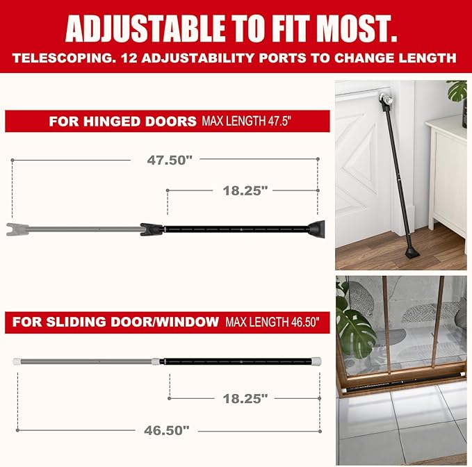 SECURITYMAN 3 in 1 Door Security Bar & Sliding Door Security Bar - Door Jammer Constructed of High Grade Iron - Black Door Stoppers Security Bar