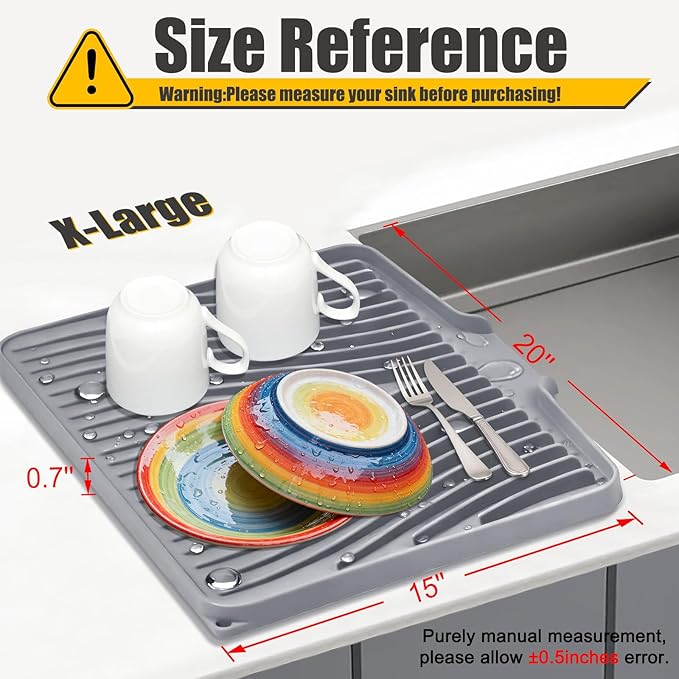 TIKNIK Silicone Dish Drying Mat, Stone Drying Mat for Kitchen Counter with Built-In Drain, Non-Slip Drain Pad with Built-in Drain, Heat Resistant Stone Drying Mat, 1Pcs 20" x 15", Grey