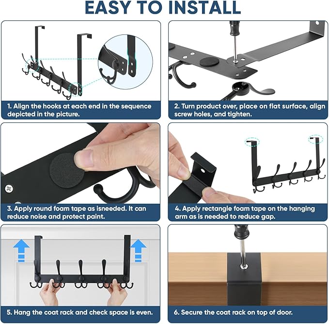 TICONN Over The Door Hooks, 5 Heavy Duty Tri Coat Rack All Metal Coat Hanger for Bathroom Bedroom Dorm (Matte Black, 2PK, Fit 1-3/8" Doors)