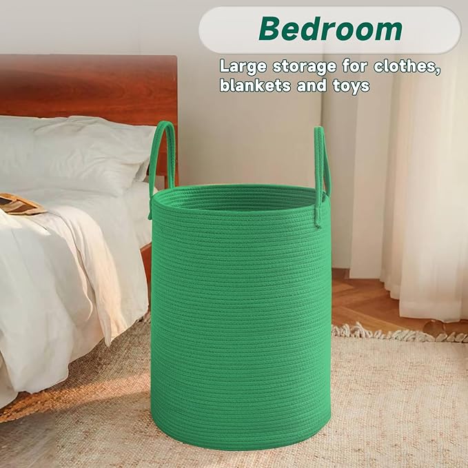Large Woven Laundry Basket Hamper, 60L Cotton Rope Storage Bin for Blankets, Toys, and Clothes, Decorative Tall Nursery Hamper for Living Room, Baby Nursery, Bathroom, and Bedroom, Dark Green