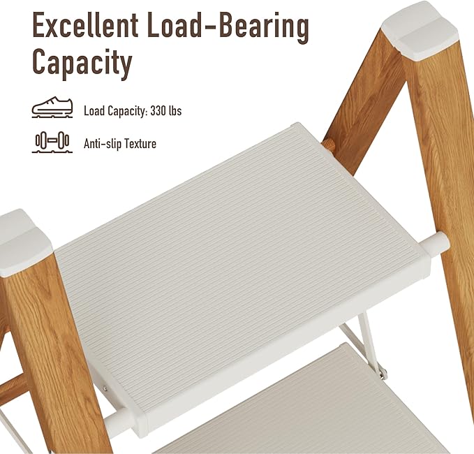 4 Step Lightweight Aluminum Folding Ladder, Portable Step Stool with Anti-Slip Pedals, 330 lbs Capacity for Home, Office, Kitchen（White&Woodgrain）