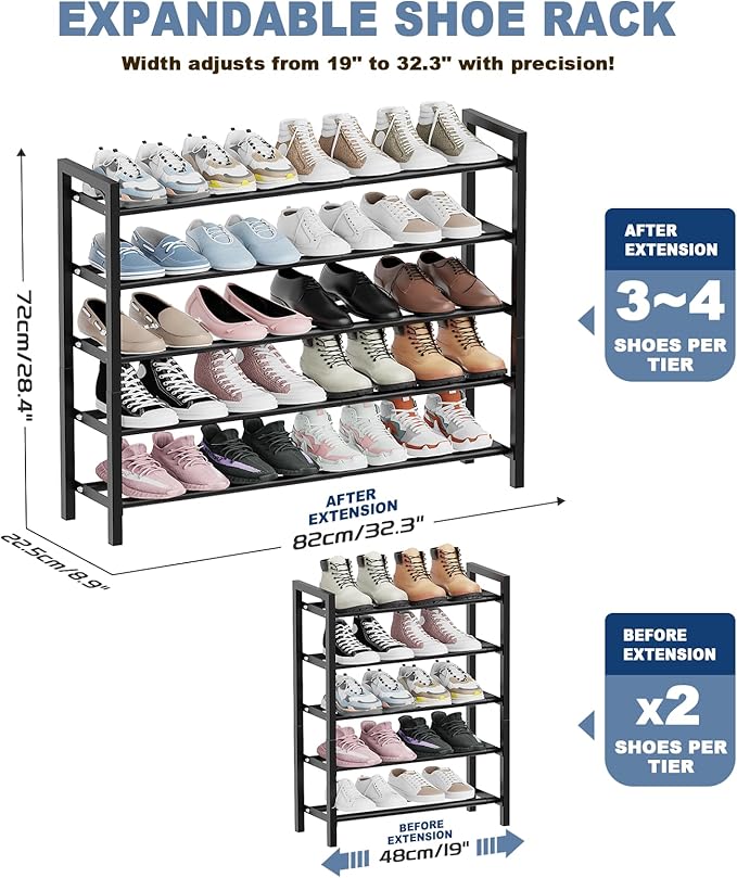 Mavivegue Expandable Shoe Rack, 5-Tier Shoe Organizer for Closet, Adjustable Shoe Rack for Front Door Entrance, Entryway