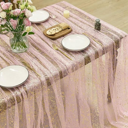 Horaldaily Pink Gold Gauze Tablecloth 60x60 Inch Square, Golden Sequin Glitter Metallic Foil, Sheer Tulle Cheesecloth for Wedding Baby Shower Ceremony Birthday
