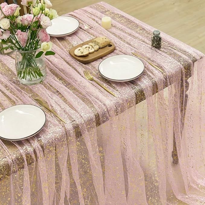 Horaldaily Pink Gold Gauze Tablecloth 60x140 Inch Rectangular, Golden Sequin Glitter Metallic Foil, Sheer Tulle Cheesecloth for Wedding Baby Shower Ceremony Birthday