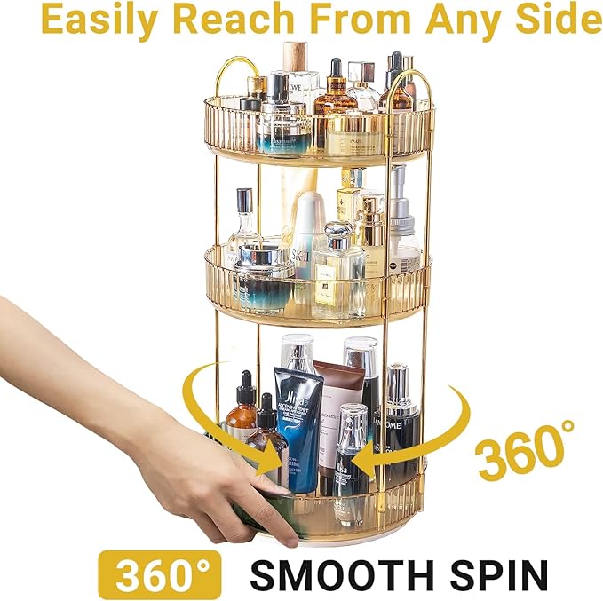 360 Rotating Makeup Organizer for Vanity, 3 Tier Large Capacity Vanity Storage, Skincare Perfume Spinning Organizer, Bathroom Cosmetics Storage Makeup Stand Organizer (Gold-3 Tier)
