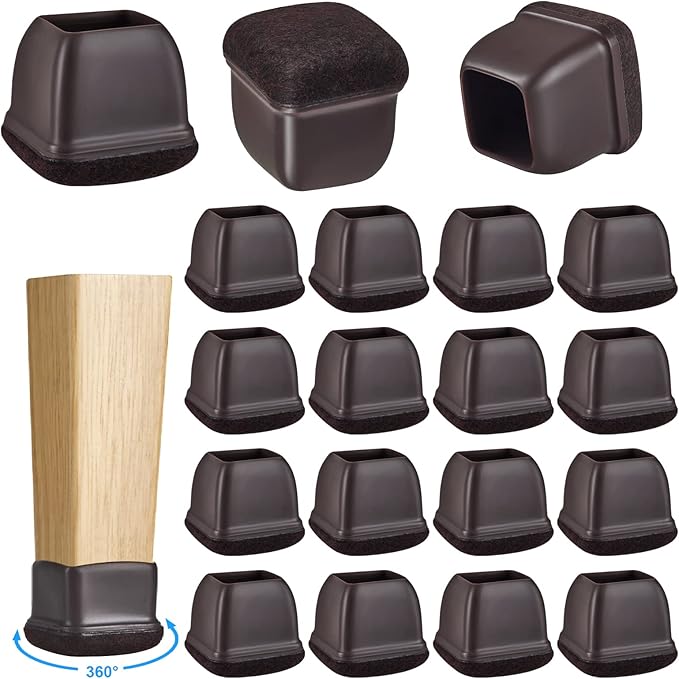 16 Pack Chair Leg Floor Protectors for Hardwood Floors, Round Rubber Furniture Sliders, 360°Felt Pad Bottom Wrapped Thickening Silicone Furniture Legs Caps Covers(Square,Walnut-L)