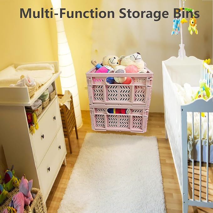 PTEREIW 20L Foldable Crates, 4Pack Plastic Baskets for Home and Office,Plastic Folding baskets,Collapsible Crates for Chrismas Gifts, Toys Storage. (Light Pink,15.7x11.8x6.3Inc)
