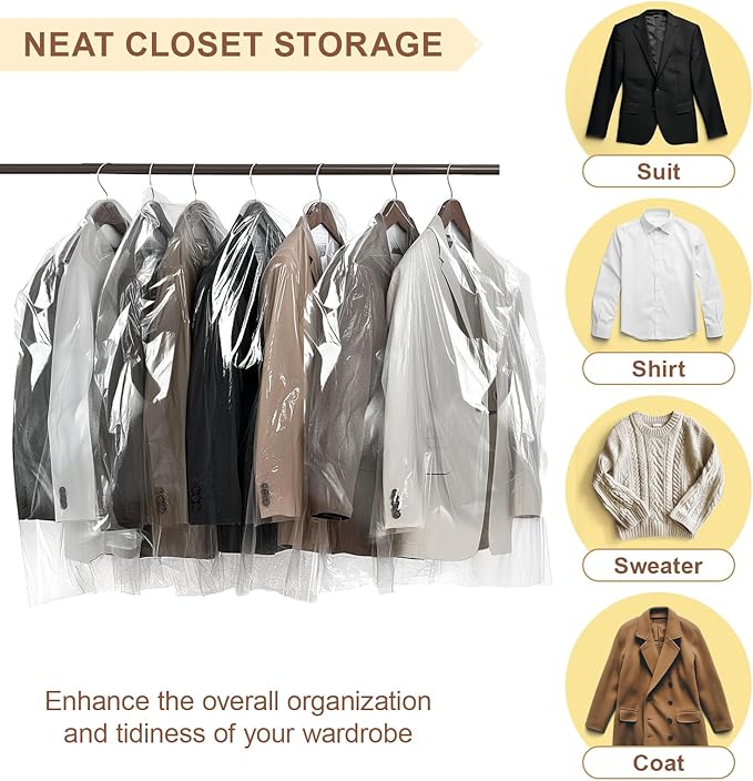 Gretchin 40 Pack Garment Bags - Set of 40, 60x90cm Plastic Dry Cleaning Bags for Hanging Clothes Storage