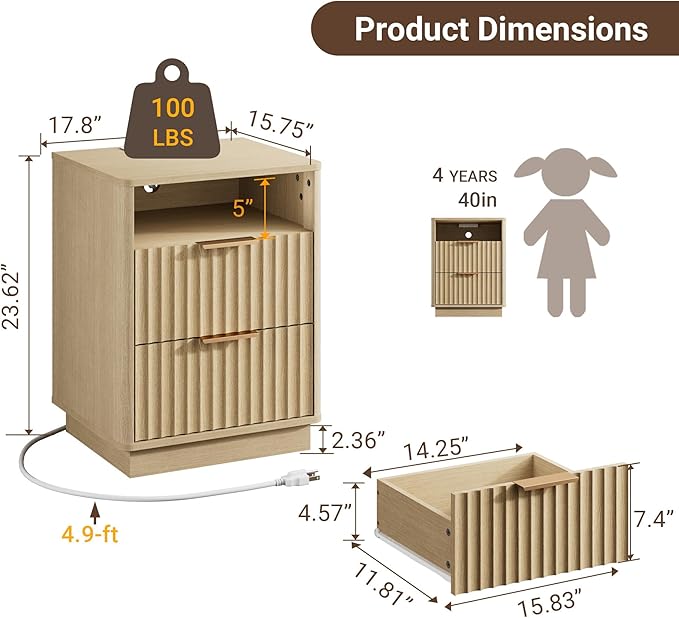 Fluted Nightstand Set of 2 with Charging Station, 18" Modern Farmhouse Night Stand, 2 Drawers End Table with Storage, Bedside Table for Bedroom Home Office, Curved Profile (Natural Oak)