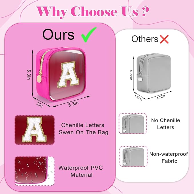 Personalized Initial Letter Clear Preppy Makeup Bag, Mini Nylon Chenille Letter Cosmetic Bag Cute Zipper Pouch Coin Purse for Teen Girls, Portable TSA Approved Travel Essentials Bag Gift for Women, O