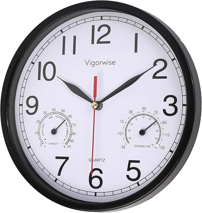 Wall Clock, Sweep Silent Movement Accurate Clocks with Temperature & Humidity, Decorative for Kitchen/Living Room/Bedroom/Office/School/Classroom (Black, 8 inch)