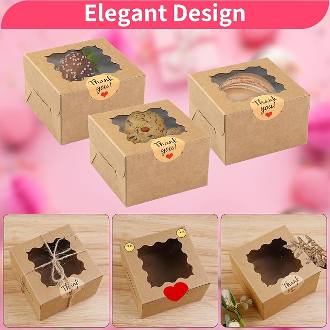 WINKIO 24pcs Brown Cookie Boxes, 4x4x2.5 Inches Bakery Boxes with Window, for Mini Cake Treat Dessert Pastry Donuts Macaroon Strawberries Chocolate Candy (with Stickers)