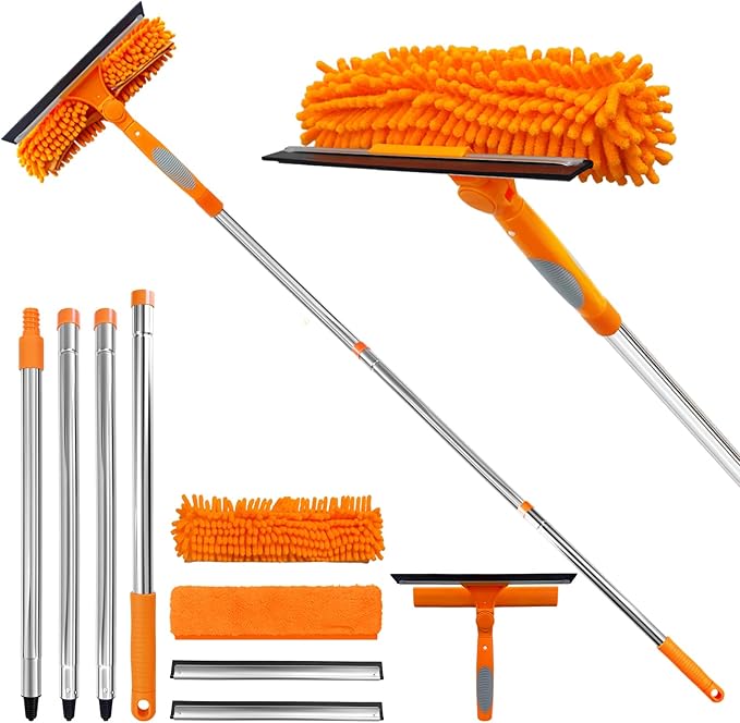 67" Squeegee Window Cleaner 2 in 1 Rotatable Window Cleaning Tool Kit with Extension Pole, Window Washing Equipment with Bendable Head for Indoor & Outdoor High Windows and Car Glass