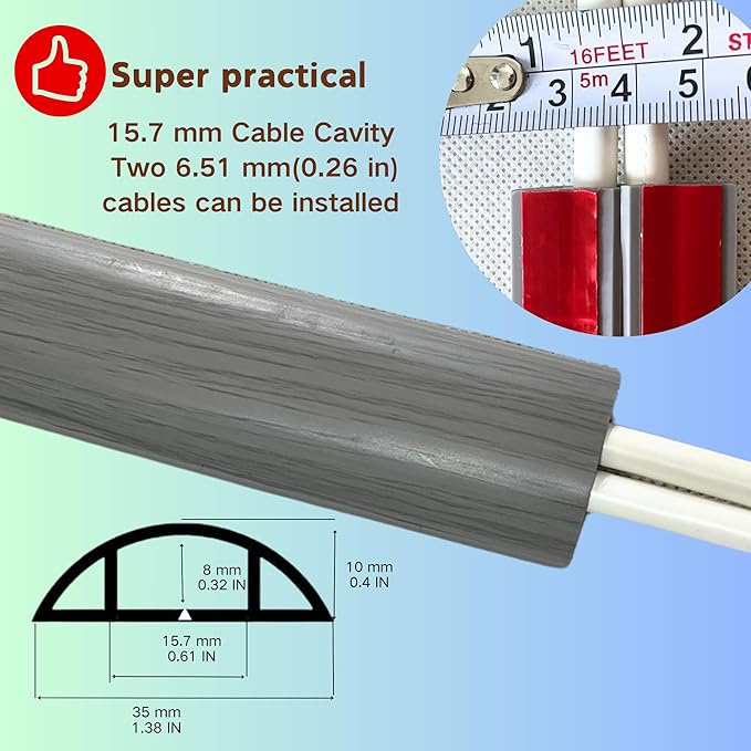 BEIEBIJOB 10ft Floor Cord Cover Self Adhesive Cord Hider Floor, Cable Cavity:0.61"(W) x 0.32"(H),Heavy Duty Cable Protector, Hide Extension Cords, Cable Management Hide Cords on Floor, Gray Wood