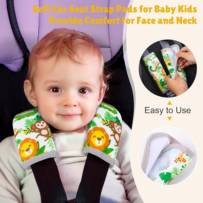 Seat Belt Cover Pad for Baby, Soft Seatbelt Cushion Covers for Kids, 2 Pcs Car Seat Strap Shoulder Pads for All Car Seats, Stroller, High Chair, Green Zoo