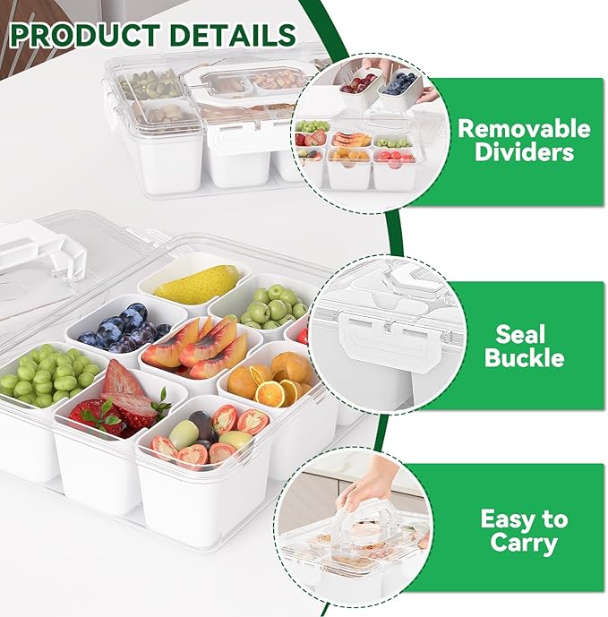 REBECAT Divided Serving Tray with Lid and Handles 9 Compartments Snack Box Container Charcuterie Organizer Snackle Box Container for Candy,Nuts,Fruits,Snacks,3 Pack,White