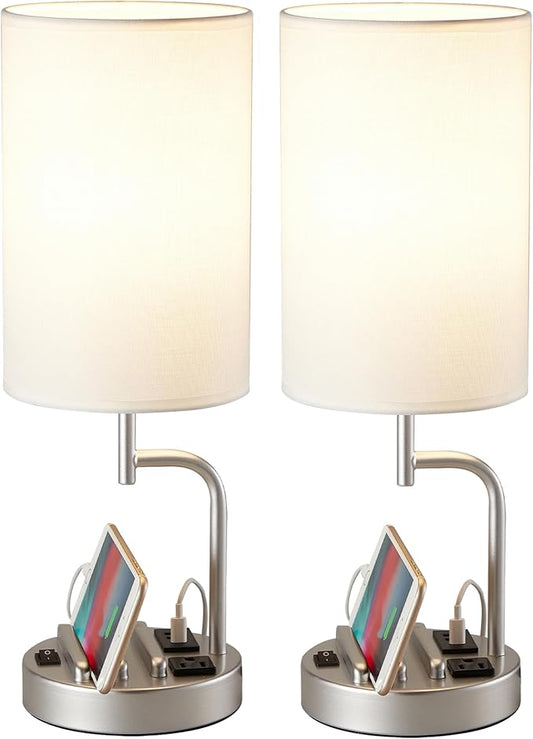 Dreamholder Table Lamp with 3 USB Charging Ports, Modern Desk Lamp with AC Outlet and Phone Stands, Perfect Bedside Lamp for Bedroom, Living Room, Office (Pack of 2), Silver