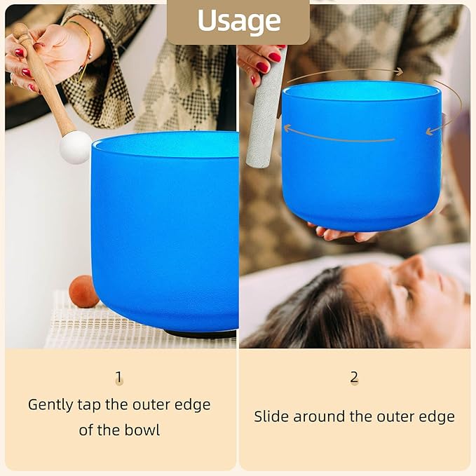 8 inch Blue G Note Throat Chakra Quartz Crystal Singing Bowl, for Healing Mindfulness Meditation Yoga Sound Baths, with Rubber Mallet O-ring