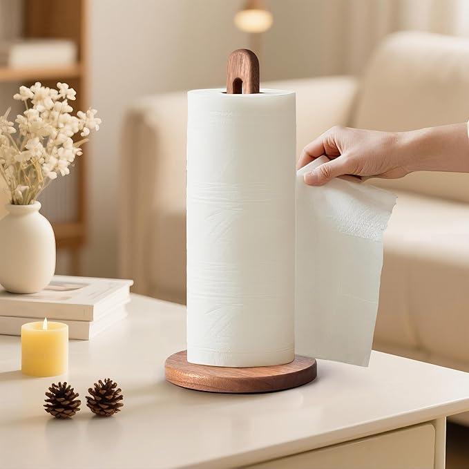 KitchLife Acacia Wooden Paper Towel Holder Countertop, 6.5" Wide Base (Large Size) with Non-Slip Pads, Fits Jumbo Rolls, Freestanding Paper Towel Stand Upgraded Dispenser Organizer