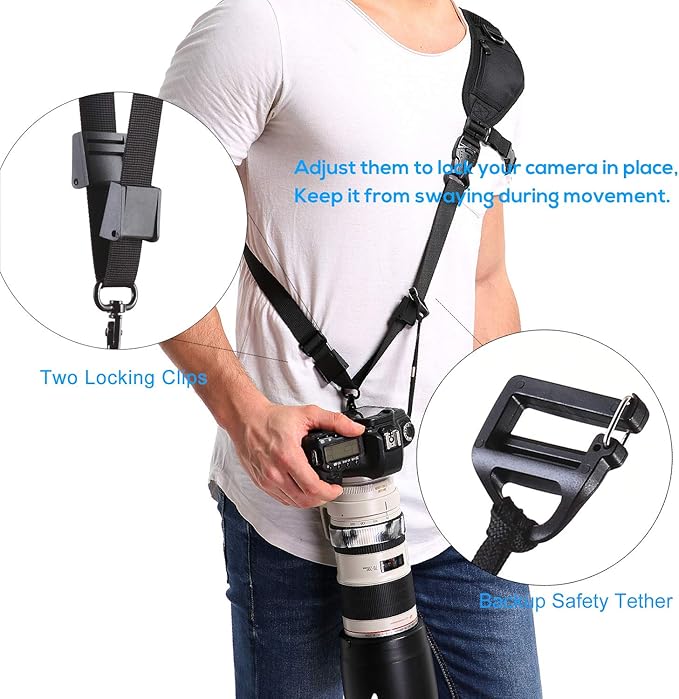 Waka Camera Neck Strap with Quick Release, Safety Tether and Underarm Strap, Adjustable Shoulder Sling Strap for Nikon Canon Sony Fuji DSLR, Black
