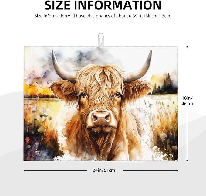 Watercolour Cow Head Dish Drying Mat XL Microfiber Kitchen Drying Mat Large Dish Drying Mats for Kitchen Counter Absorbent Quick Drying Pad 18x24 Inch
