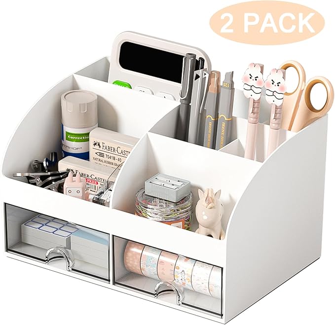 Desk Organizer with 6 Compartments and 2 Drawers, Plastic Makeup Organizer, Pen Holder for Desktop Storage, Desk Organization for School, Home, Office Supplies (White-2Pack)