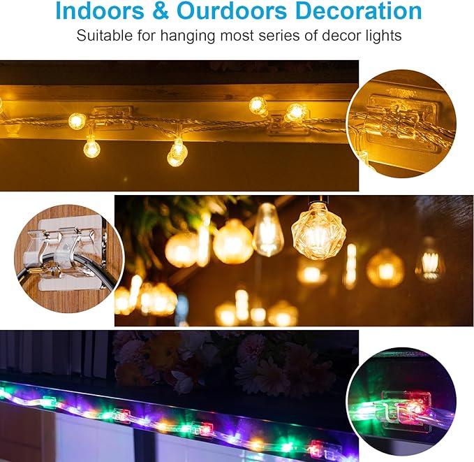 30 PCS Hooks for Outdoor String Lights, Heavy Duty Christmas Light Clips, Clear Adhesive Hooks for Hanging Rope Lights Outdoor, UV-Resistant String Light Hooks for Outside Porch Patio Decor