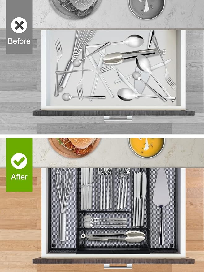 Sedegn Silverware Organizer Metal Mesh, Large Drawer Organizer, Utensil Cutlery Tray for kitchen drawers, Expandable Flatware Organizer with 8 Compartment Black 11.6"~20" x 17.3"
