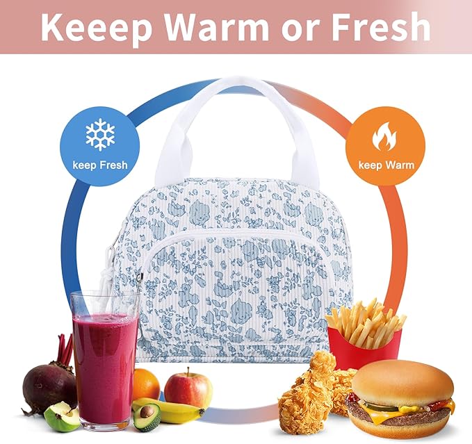 Lunch Bag Women Lunch Box for Women Adult Cute Insulated Lunch Bag Small Cooler Lunch Tote Bags for Work Picnic Travel (Blue-Floral)
