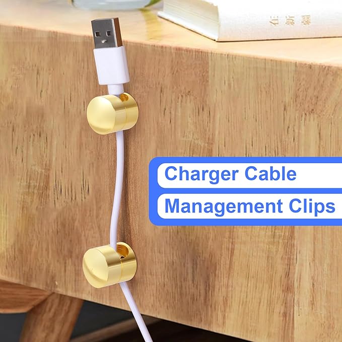 10 Sets Charger Holders for Cords, Gold Adjustable Cable Anchor Holders, Adhesive Metal Cord Clips, Cable Management Wire Organizers for Desk, Office, Nightstand
