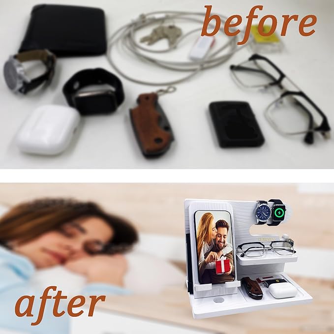 Gifts for Women Girlfriend Men Him Husband Boyfriend Son Boss Wood Phone Docking Station Nightstand Organizer Anniversary Birthday Gifts (White)