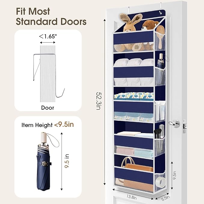 2 Pack Over The Door Organizer, Hanging Storage Organizer with Clear Window, 40lb Ultra Sturdy Large Capacity Room Organizer for Pantry Laundry Bathroom Nursery Closet (Grey)