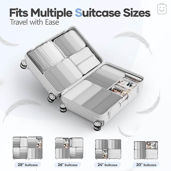 Veken 9/11 Set Compression Packing Cubes for Travel Essentials, Compressible Expandable Large Luggage Suitcase Organizer Bags for Clothing, Durable Space Saver Storage Bags with Toiletry Bags (White)