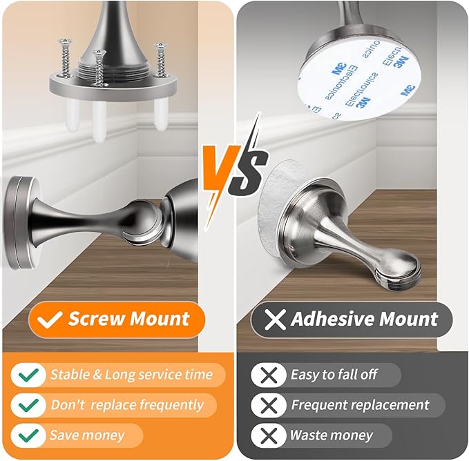KOLAKO Door Stops, Magnetic Door Stoppers for Bottom of Door, Brushed Stainless, Heavy Duty Magnet Door Stop Floor Wall Mount Soft Catch Door Holder Magnetic Doorstop with Screw, 2 Pack