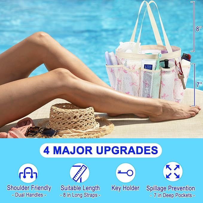Fammart Mesh Shower Caddy Portable for College Dorm Room Essentials, 8-Pocket Large Shower Basket Tote Bag with 2 Handles for Toiletry, Bathroom, Beach, Camp, Gym