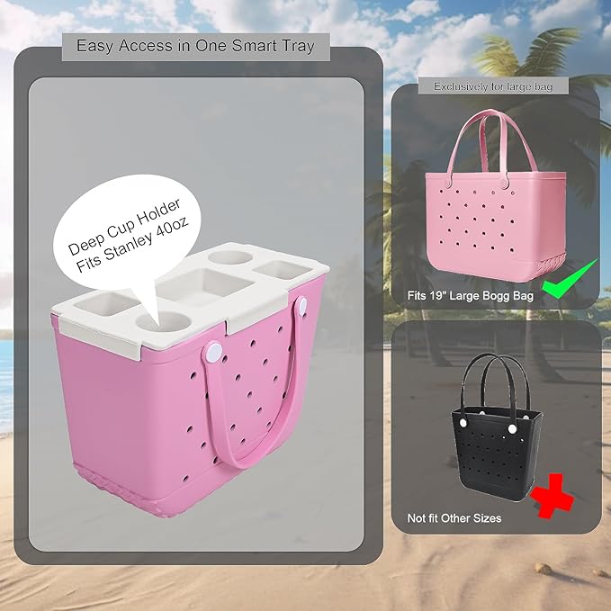 Tote Topper Tray Accessories for Bogg Bag Large Only – Waterproof EVA Table Top Organizer Lid with Cup Holder, Snack, Phone & Drink Holders for Beach, Pool, Picnic, Travel (White)